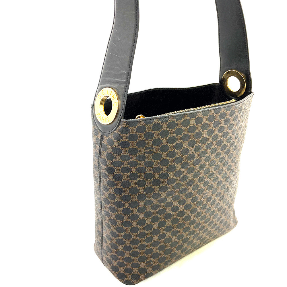 Celine One Shoulder Hobo Bag Macadam Black Brown Leather